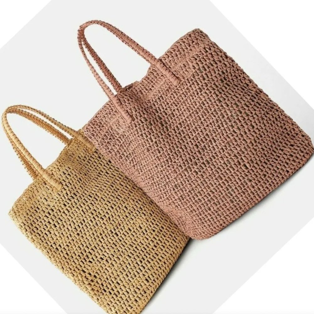 NWT Rare Zara Woven BRAID Paper Tote Summer Bag Pale Pink - Picture 13 of 13